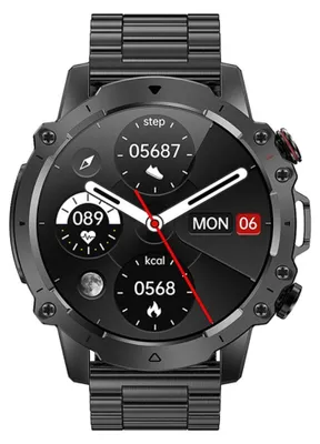A close-up, front-facing view of a black smartwatch with a metallic band, displaying various metrics on its screen.