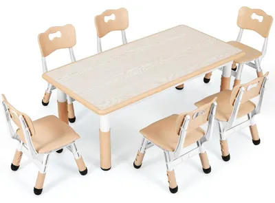 Immagine prodotto di Tavolo per bambini con 6 sedie, regolabile in altezza, ideale per asili nido e camerette, realizzato in plastica, colore giallo, dimensioni 60 x 60 x 120 cm