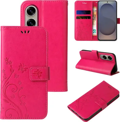 Produktbild von Handyhülle für Samsung Galaxy S25 Edge Floral Blumen Schmetterling Flip Cover Hülle Case Klapphülle Handytasche Farbe: Pink