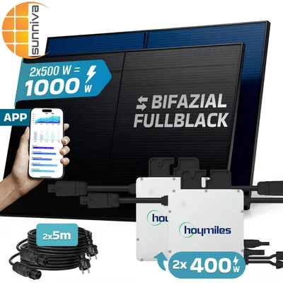 Produktbild von SUNNIVA® 1000W Balkonkraftwerk BIFAZIAL FULLBLACK komplett Steckdose HOYMILES 2x 400 Watt Wechselrichter, Komplettset 2x500W PV Solaranlage Solarmodule