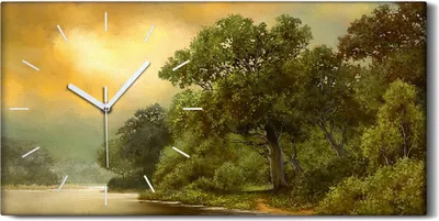 Produktbild von Wanduhr Bürouhr Leinwand Bild 60x30 Malerei Wald Bäume Fluss Himmel Wolken Kunst - weiße Hände