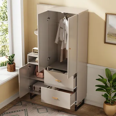 Immagine prodotto di MODFU Armadio e guardaroba con pannelli in tessuto, armadio con ripiani aperti e due grandi cassetti, Beige/Grigio