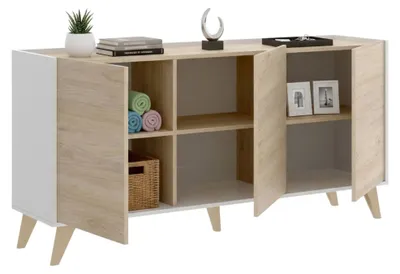 Produktbild von Sideboard Dadop, Buffet für Wohnzimmer, Modernes Sideboard für Wohnzimmer mit 3 Türen, 155x43h75 cm, Eiche und Weiß