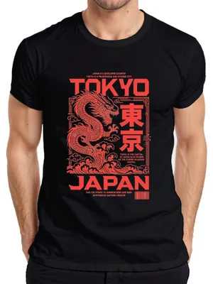 Productafbeelding van Tokyo, Japan. Mysterieus oosters draak. Streetwear. Y2K. Azië. Heren T-shirt, zwart, maat M