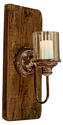 Produktbild von Wandkerzenhalter Vios, elegantes Design, edler Materialmix, für Stumpenkerzen, Wohnaccessoire, Dekoobjekt, Kiefernholz, Eisen, Glas, antikbraun/klar