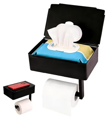 Produktbild von Toilettenpapierhalter Ohne Bohren 304 Edelstahl - 2-in-1 Klopapierhalter mit Feuchttücherbox & Ablage, Doppelte Installationsmethode, Geräuschloses Design Schwarz für Badezimmer, Küche
