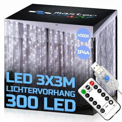 Obrázek produktu pro MasterLED LED světelný závěs 3x3m - 300 LED - 6500K studená bílá - dálkové ovládání - 8 režimů - lze stříhat na míru - IP44 vnitřní - USB