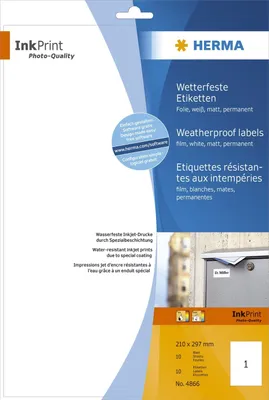 Obrázek produktu pro HERMA 4866, Bílá, Samolepicí štítek, A4, InkJet, Permanentní, Matný