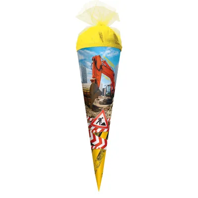 Produktbild von ROTH Geschenk-Schultüte klein Achtung Bagger 22 cm rund Tüllverschluss Zuckertüte Schulanfang
