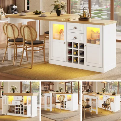 Image de Îlot de cuisine extensible de 120 à 197 cm, avec éclairage LED tricolore à 360°, étagère à vin, table à manger, espace de rangement, portes coulissantes, blanc, noir, table multifonctionnelle