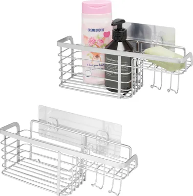 Produktbild von bremermann Ablagekorb mit Haken 2er Set ELENA selbstklebend & entfernbar Duschkorb, ohne Bohren, Edelstahl