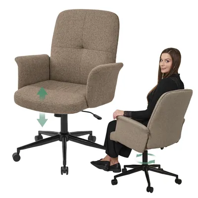 A woman is sitting in a brown office chair, demonstrating its features. Another chair is shown separately with arrows indicating height adjustment.