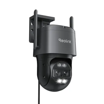 A black Reolink Trackmix WiFi security camera mounted on a bracket against a white background.