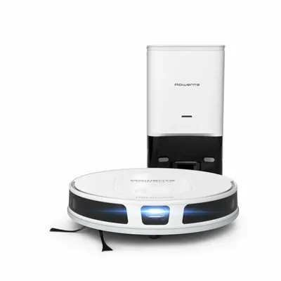 A white robot vacuum cleaner and its charging dock are displayed against a white background.