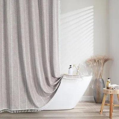 Produktbild von Unyqoos® Waterproof gestreifter Boho-Duschvorhang mit Leinentextur und Haken
