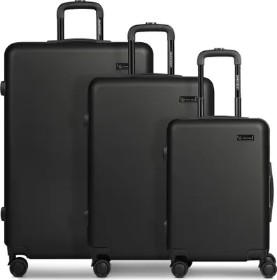 Three black suitcases of different sizes are arranged in a row.
