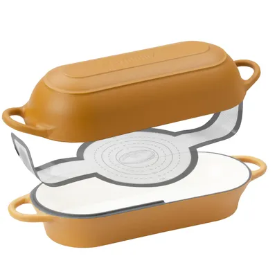 Immagine prodotto di Set di contenitori in ghisa smaltata per pane, capacità 4,5 litri, colore arancione, completo di coperchio, ideale per la preparazione del pane