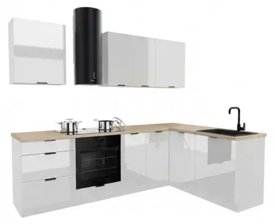 Produktbild von Küchenzeile - Küche L Form - 260x170 cm - Hochglanz weiß - MDF - mit beiger Arbeitsplatte - Soft-Close Funktion - DENIS