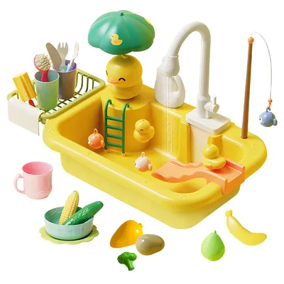 Produktbild von Küchenspielzeuge, Spielspüle Spielzeug mit elektrischem Wasserhahn, Spielzeugzubehör für Spielküche, schwimmendes Angelspielzeug für Wasserspiel