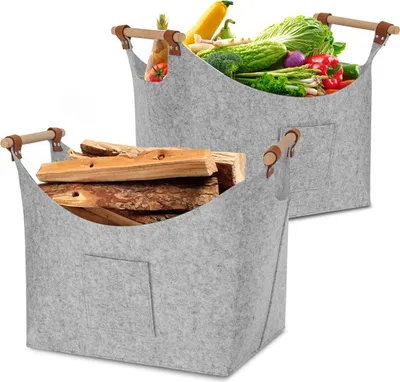Produktbild von Jayseuw 2x Filzkorb mit Holzgriffen, Holzkorb für Kaminholz, Brennholzkorb aus Filz 3mm, Hellgrau