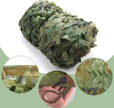 A rolled-up camouflage net with close-up insets showing details of the material and a drawstring.