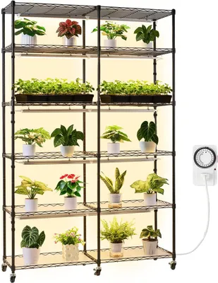 Productafbeelding van Plantenstandaard voor binnen, met groeilamp, plantenrek, 6 niveaus, van metaal, dubbele rij, hoogte 180 cm, 200 W, met wielen, timer