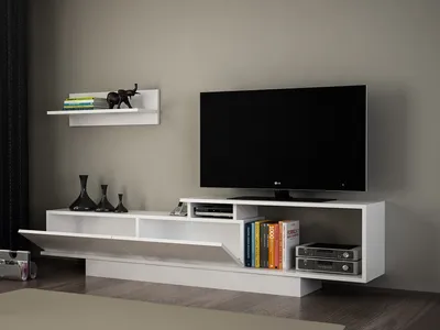Obrázok produktu pre Skye Decor, kvalitná TV skrinka, 180 x 45 x 29,6 cm, 100 % melamínom potiahnutá drevotriesková doska, hrúbka 18 mm, množstvo políc, možnosť montáže na stenu, dodatočný úložný priestor, moderný dizajn v bielej farbe.