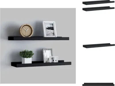 Two black shelves mounted on a gray wall, decorated with a clock, a framed picture, a plant, and another framed picture.