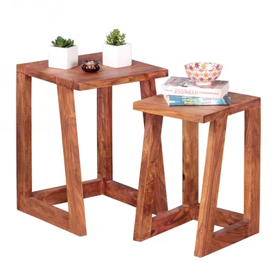 Produktbild von WOHNLING 2er Set MUMBAI Beistelltisch Massivholz Sheesham Design Wohnzimmer-Tisch eckig Nachttisch Satztisch Landhaus-Stil