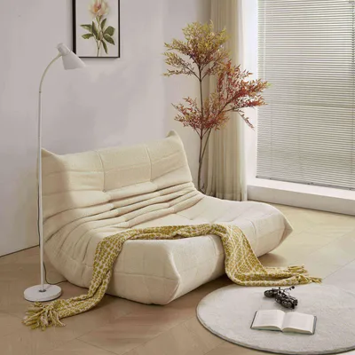 Image de MODFU Canapés-lits classiques Fauteuil Lazy Sofa avec dossier et repose-pieds, canapé double intérieur avec coussin pliable de méditation pour salon - velours Teddy, beige