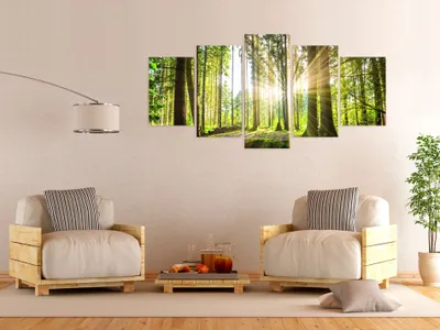 Produktbild von Akustikbild Wald Natur 200x100 cm Bilder Akustikschaum Hochleistungsschallabsorber Schallschutz Leinwand 5 tlg Wandbild Raumakustik Schalldämmung c-B-0098-b-n
