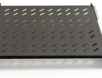 Obrázok produktu pre Link LKRIP450LN Oceľová polica do 19"-rackovej skrine, 1U, čierna RAL9005, nastaviteľná hĺbka 450–550 mm, nosnosť 50 kg