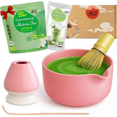 Immagine prodotto di Set matcha latte "Ume" con ciotola con beccuccio, frustino, supporto e matcha + latte al cocco – set per latte e cerimonia del tè