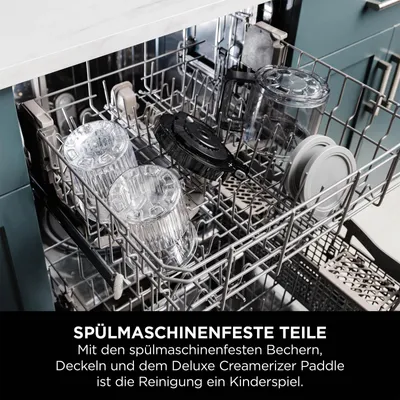 Dishwasher rack with various kitchen appliance parts inside.
