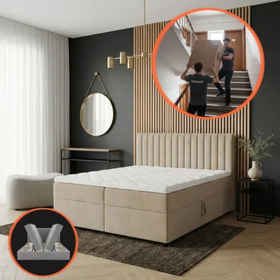 Produktbild von Boxspringbett 180x200 cm - mit Bettkästen mit Matratze mit Topper - Komplett-Set Polsterbett Bonell H3 Beige