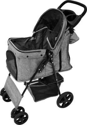 Immagine prodotto di Carrello per animali domestici con tasca frontale rimovibile, tessuto grigio, maniglia pieghevole, capacità di 15 kg, ruote, freni, gancio per cani, guinzaglio, tettuccio, finestra a rete, cestino, portabevande, tasche e copertura impermeabile