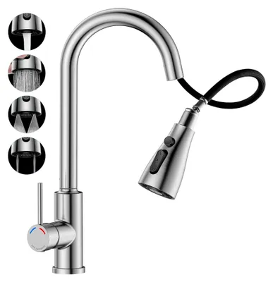 Produktbild von Küchenarmatur mit ausziehbarer Brause und 4 Sprühfunktionen, Hochdruck, Edelstahl, 360° drehbar, hoher Bogen, Einhebelmischer, 1-Loch-Armatur