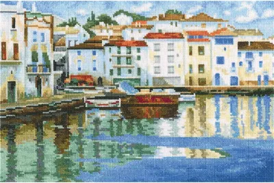 Obrázok produktu pre Súprava na výšivku "Tichá zátoka" od spoločnosti RTO Kreuzstich, s počítaným vzorom, vhodná na tkanivo Aida 16, rozmer 28x19 cm