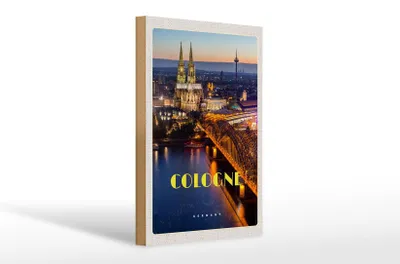 Produktbild von Holzschild Reise 20x30cm Köln Stadt Abend Aussicht Brücke Dom