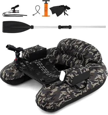 Imagen del producto de Bote inflable, bote de pesca inflable con bomba, remo de aluminio y aletas, bote de pesca con soporte ajustable para cañas y sistema de enganche para peces, bote tipo "belly boat" con capacidad de carga de 150 kg, dimensiones: 111x104x46 cm