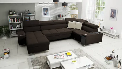 Produktbild von Wohnzimmer Couch Wohnlandschaft in U-Form MOREN IV MAXI Big Sofa Ecksofa Ottomane Links Eckcouch mit Schlaffunktion Braun Stoff SAWANA 26