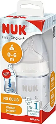 A NUK First Choice+ baby bottle in its packaging.