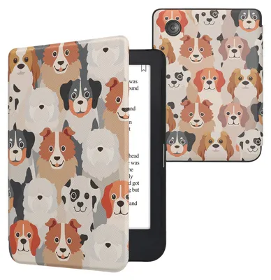 Produktbild von kwmobile Schutzhülle für Kobo Clara 2E / Tolino Shine 4 Hülle - eReader Flip Case mit Auto Sleep Funktion - Viele Hunde mit Weiß Hellbraun Grau