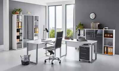 Produktbild von Büromöbel-Set TABOR PRO 5 in weiß / anthrazit Hochglanz, Arbeitszimmer, Komplett-Set