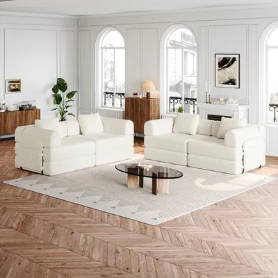 Zdjęcie produktu dla [Opatentowane] Rozkładana sofa typu chenille 2 w 1, podłokietnik z schowkiem, trzy metalowe stelaże, elastyczne możliwości konfiguracji