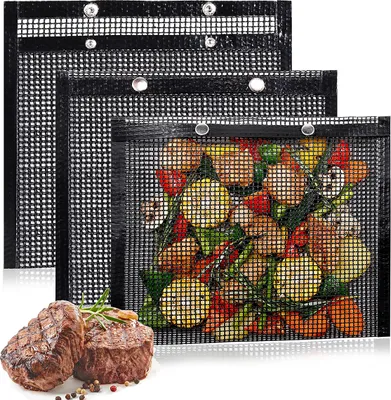 Produktbild von BBQ-Grillbeutel aus Netzgewebe für den Außengrill, wiederverwendbar, 3 Stück, antihaftbeschichtete Grillbeutel für Holzkohle-, Elektrogrills