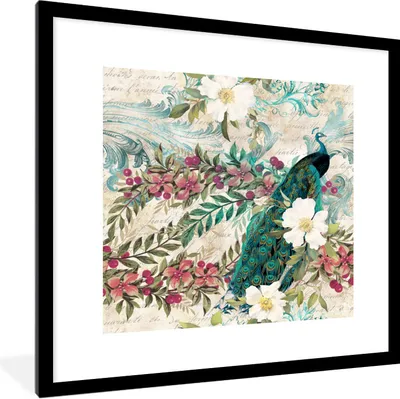 Produktbild von MuchoWow® Gerahmtes Poster Blumen - Kunst - Pfau 40x40 cm - Poster mit Schwarzem Bilderrahmen Wandposter Rahmen Foto Bilder - Poster - Plakat im Rahmen