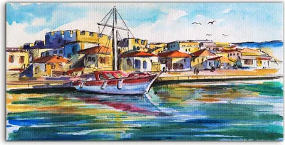 Produktbild von Coloray Acrylbild 140x70  Wandbild Acrylbilder Deko  Landschaft mit Boot im Hafen