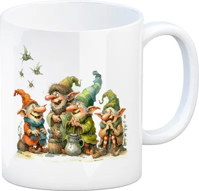 Produktbild von Lustige Kobolde mit bunten Mützen Kaffeebecher