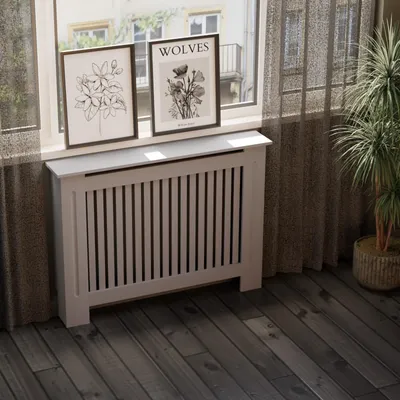 Produktbild von HAGO24 Heizkörperverkleidung Heizungsabdeckung Holz 112x19x82cm Grau Landhaus Regalfläche Wandmontage Klassisch